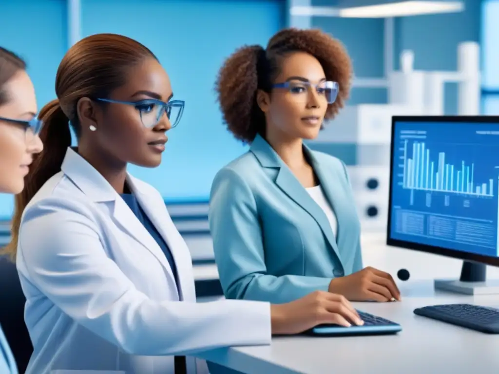 Un grupo diverso de mujeres colabora en un laboratorio de ciencia y tecnología, reflejando trabajo en equipo e innovación