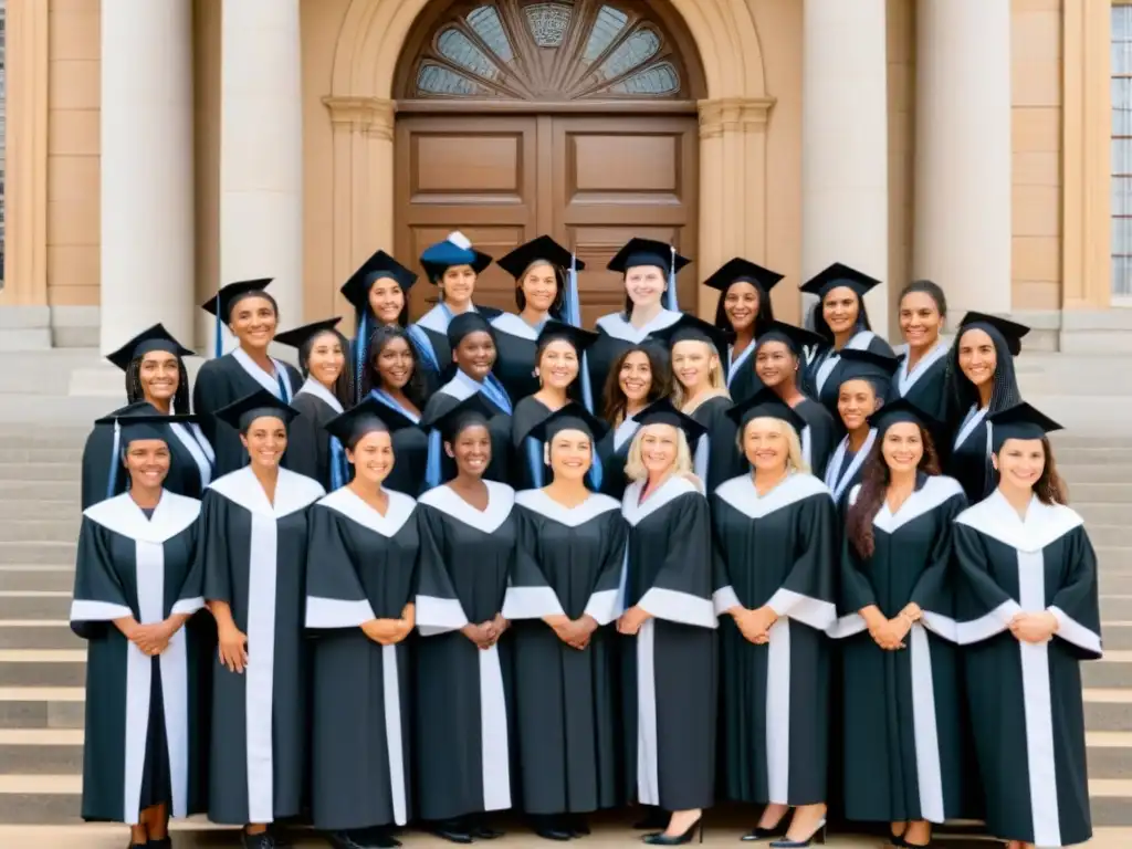 Un grupo diverso de mujeres en educación uruguaya, orgullosas y unidas, luciendo togas y birretes frente a una universidad histórica