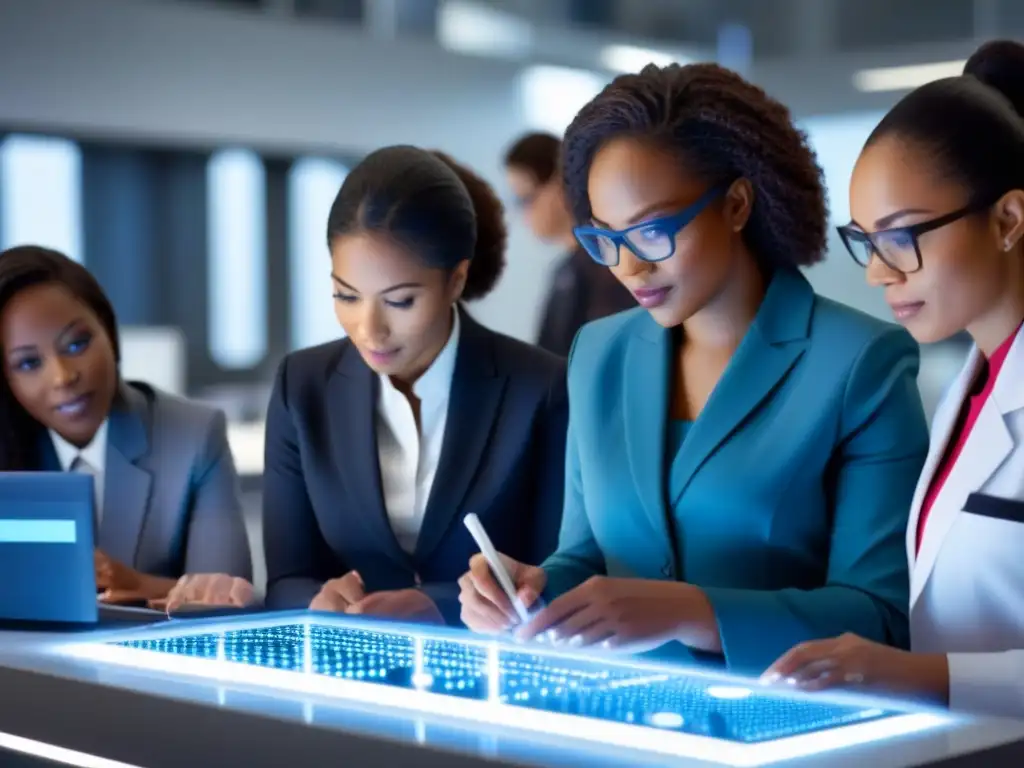 Mujeres STEM: Colaboración innovadora en laboratorio futurista Un grupo diverso de mujeres profesionales en STEM colaborando en un laboratorio moderno y elegante en Uruguay