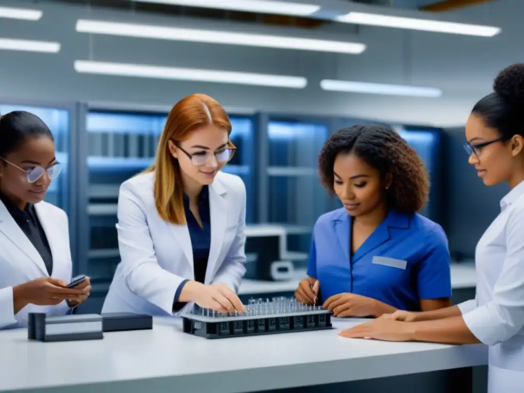 Un grupo diverso de mujeres en STEM colaborando en tecnología de vanguardia en un laboratorio moderno, representando empoderamiento e innovación