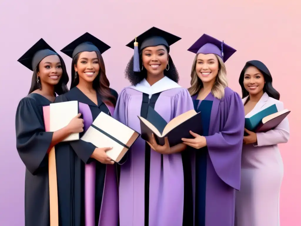 Un grupo diverso de mujeres en togas y birretes, con libros en mano, simbolizando el empoderamiento a través de la educación