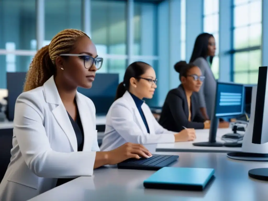 Un grupo diverso de mujeres uruguayas en un laboratorio STEM moderno, colaborando en proyectos innovadores con determinación y confianza