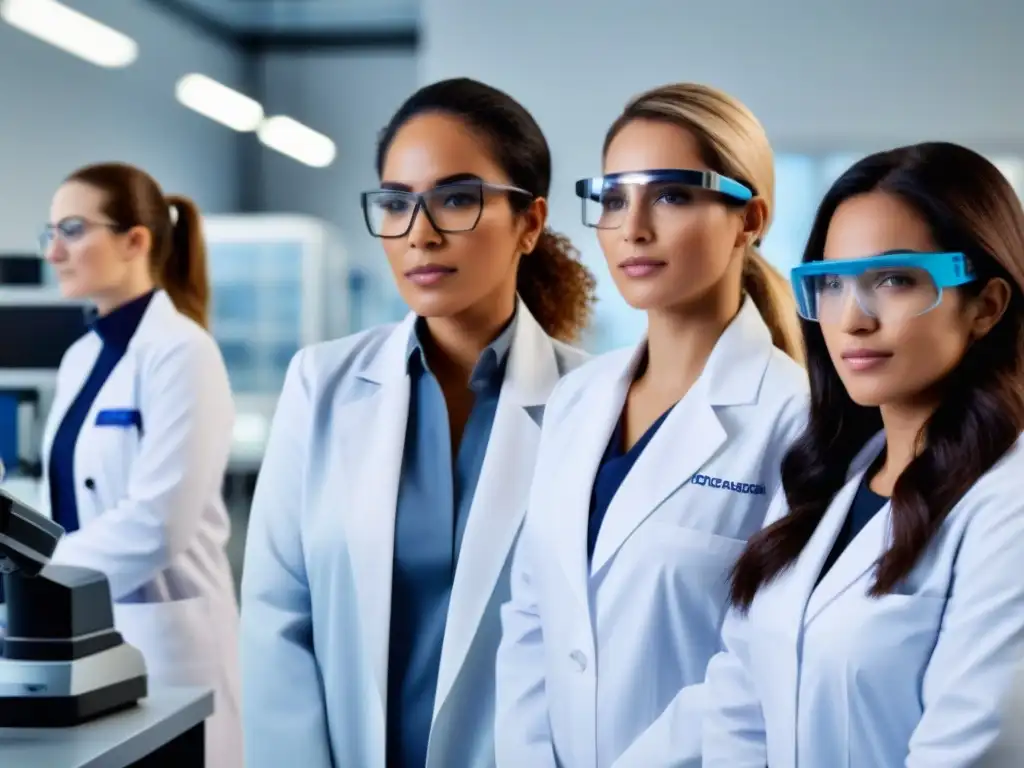 Un grupo diverso de mujeres uruguayas en STEM, unidas en colaboración e innovación en un laboratorio moderno