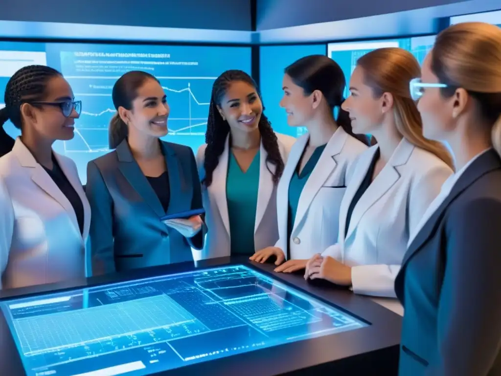 Un grupo diverso de mujeres uruguayas STEM en un laboratorio futurista, mostrando datos científicos en holograma