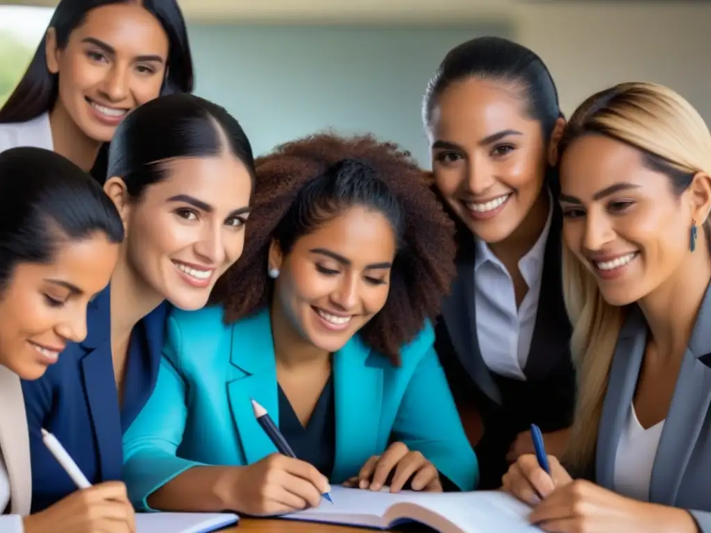 Un grupo diverso de mujeres uruguayas en actividades educativas, simbolizando el empoderamiento femenino y el desarrollo económico en Uruguay