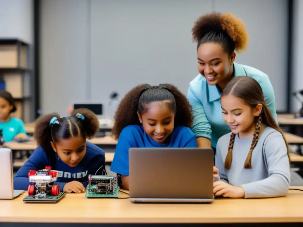 Grupo diverso de niñas uruguayas disfrutando educación STEM con entusiasmo en aula contemporánea