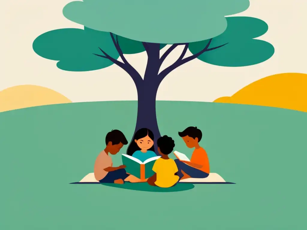 Un grupo diverso de niños en áreas rurales de Uruguay lee bajo un árbol, transmitiendo unidad y educación inclusiva