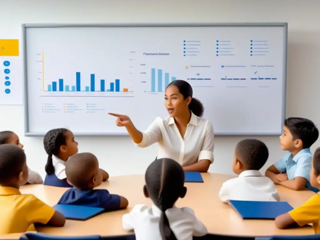 Un grupo diverso de niños atentos aprendiendo conceptos financieros con entusiasmo en un aula