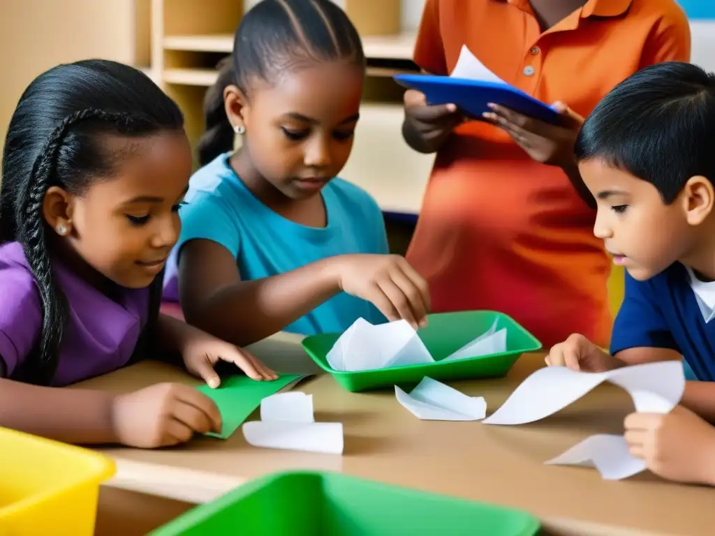 Un grupo diverso de niños en aula uruguaya, concentrados en proyecto de reciclaje, destacando la importancia del mismo