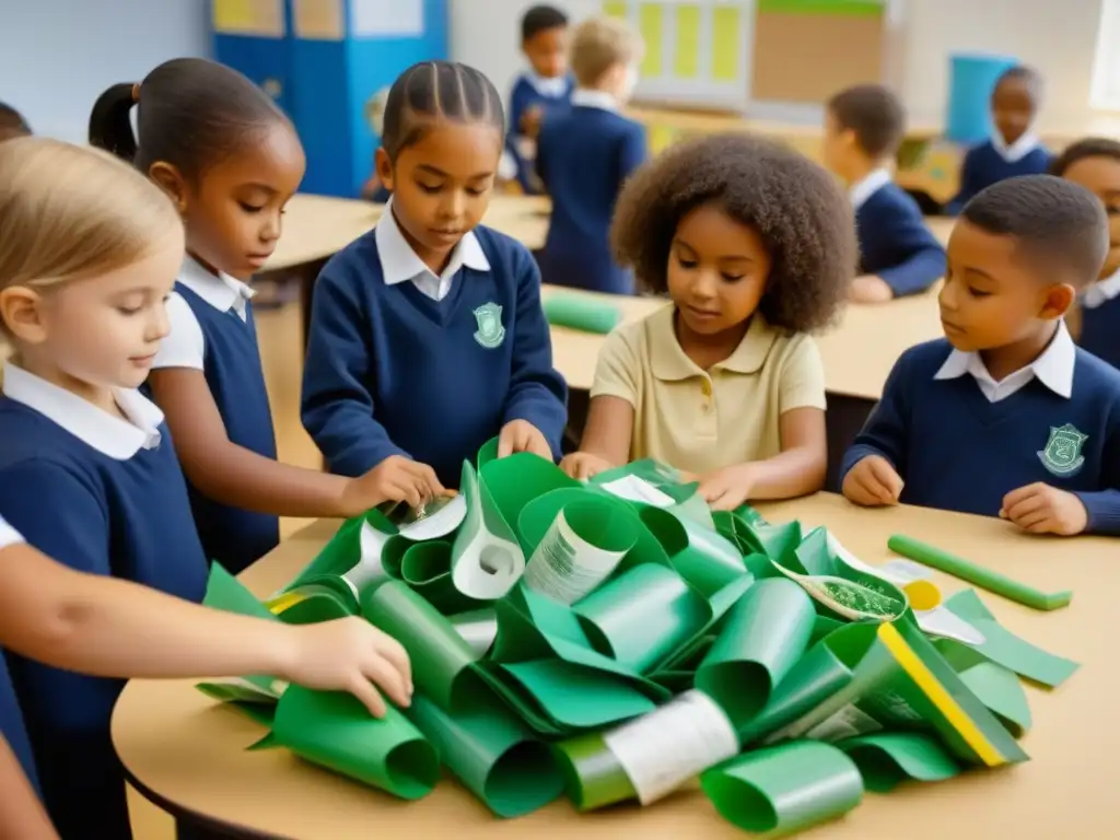 Grupo diverso de niños en aula, comprometidos con el reciclaje y la educación ambiental