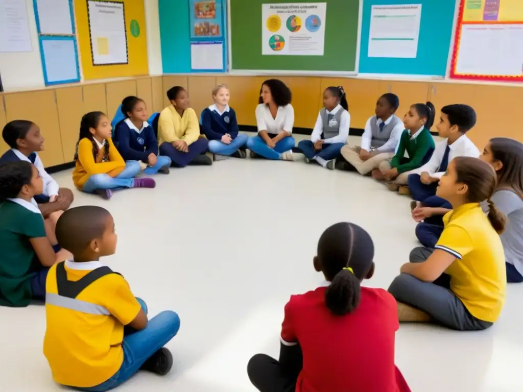 Grupo diverso de niños en círculo con maestro, enseñanza valores educación derechos humanos en aula moderna