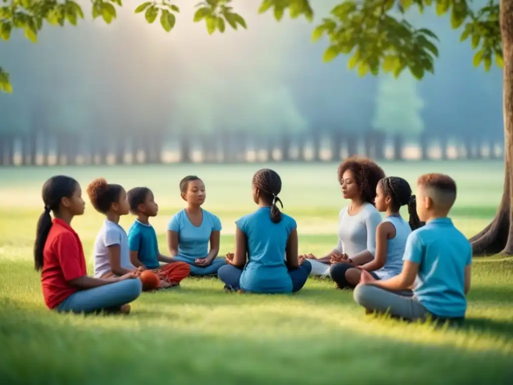 Grupo diverso de niños meditando en círculo en un campo, guiados por un maestro