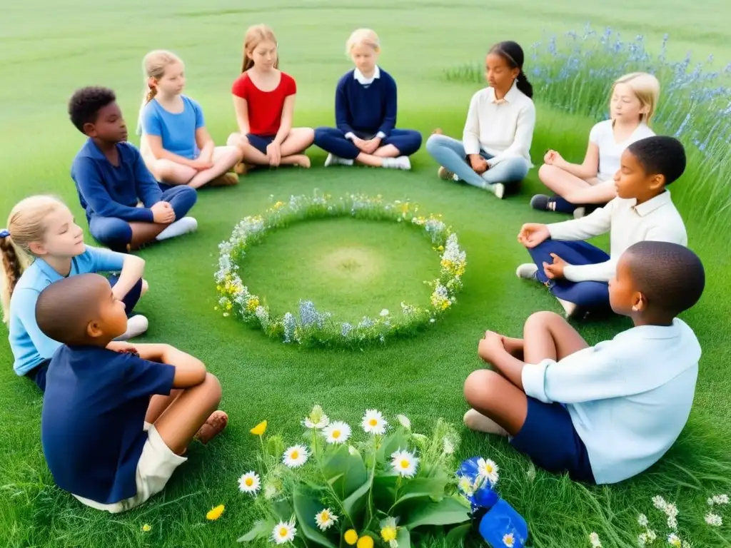 Grupo diverso de niños en círculo practicando mindfulness en un campo con flores silvestres bajo cielo azul