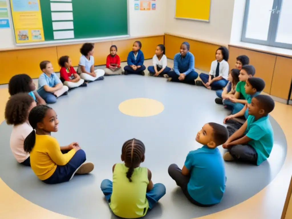 Grupo diverso de niños dialogando en círculo en aula escolar, fomentando empatía y respeto