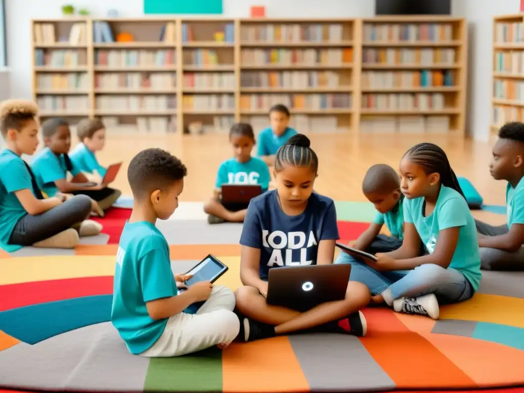 Grupo diverso de niños en círculo codificando en tablets y laptops, en un ambiente educativo moderno y luminoso