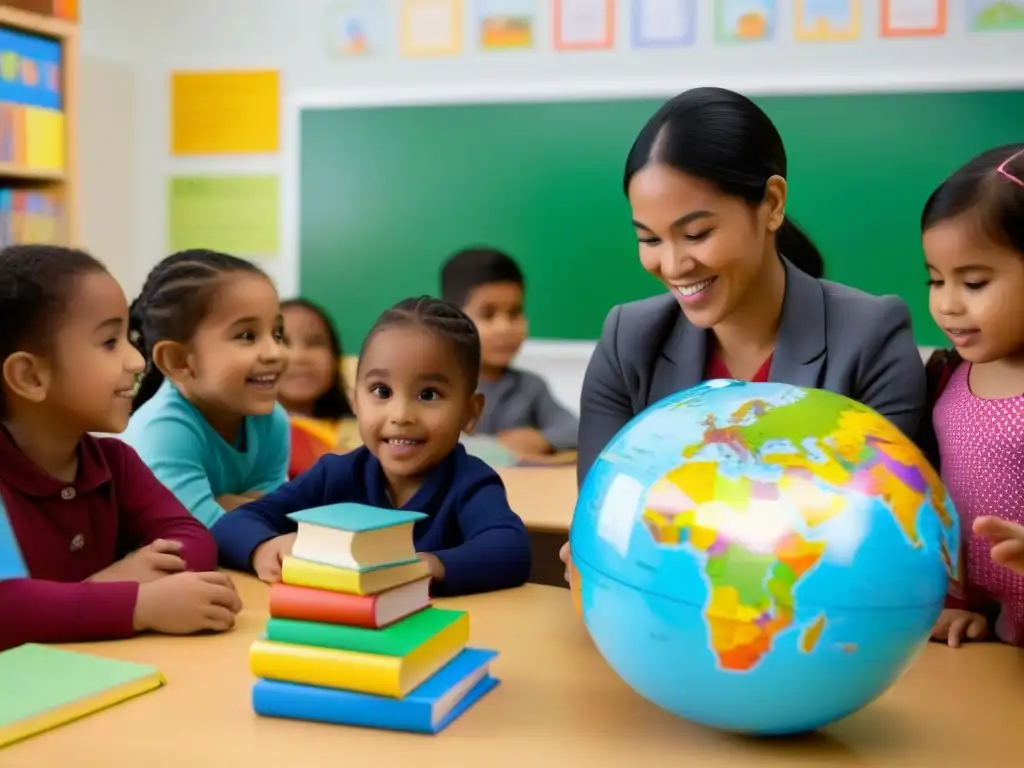 Grupo diverso de niños participando en clase bilingüe, rodeados de materiales educativos coloridos