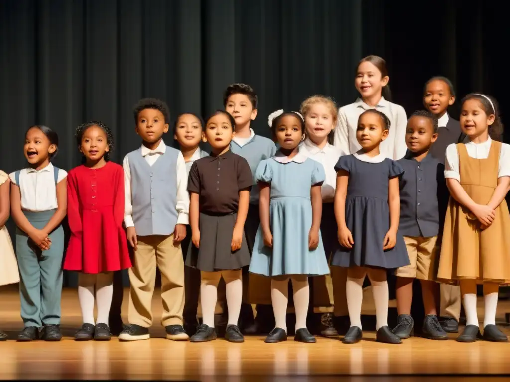 Grupo diverso de niños actuando en escenario escolar, expresando emociones