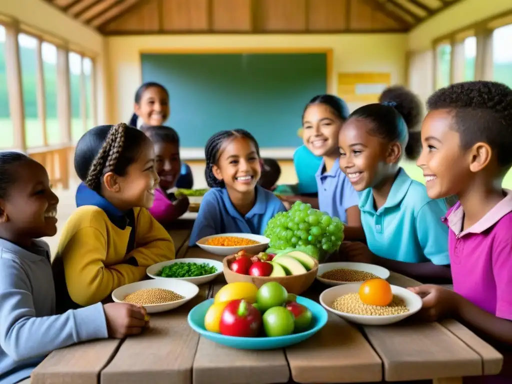 Grupo diverso de niños escolares disfrutando una comida nutritiva juntos en escuela rural, resaltando la importancia de la alimentación escolar en educación rural