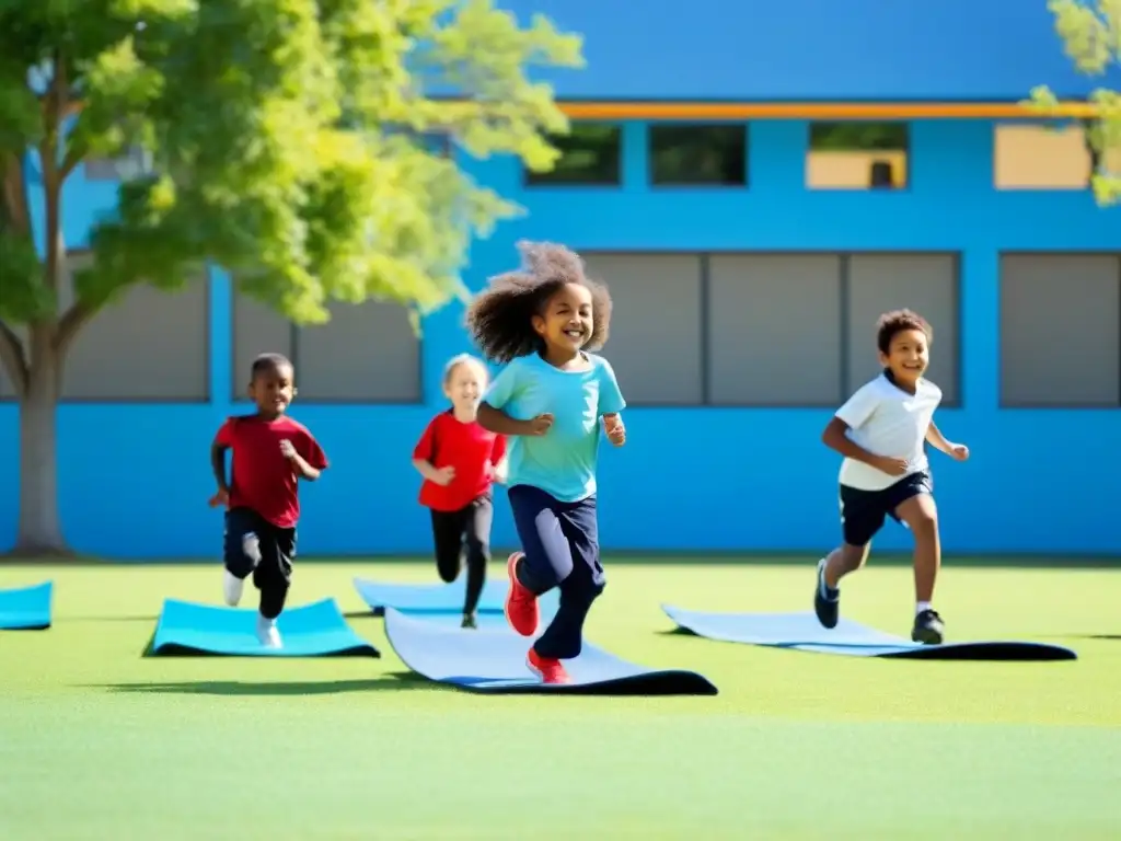 Grupo diverso de niños escolares realizando actividades físicas en un patio escolar vibrante bajo cielo azul