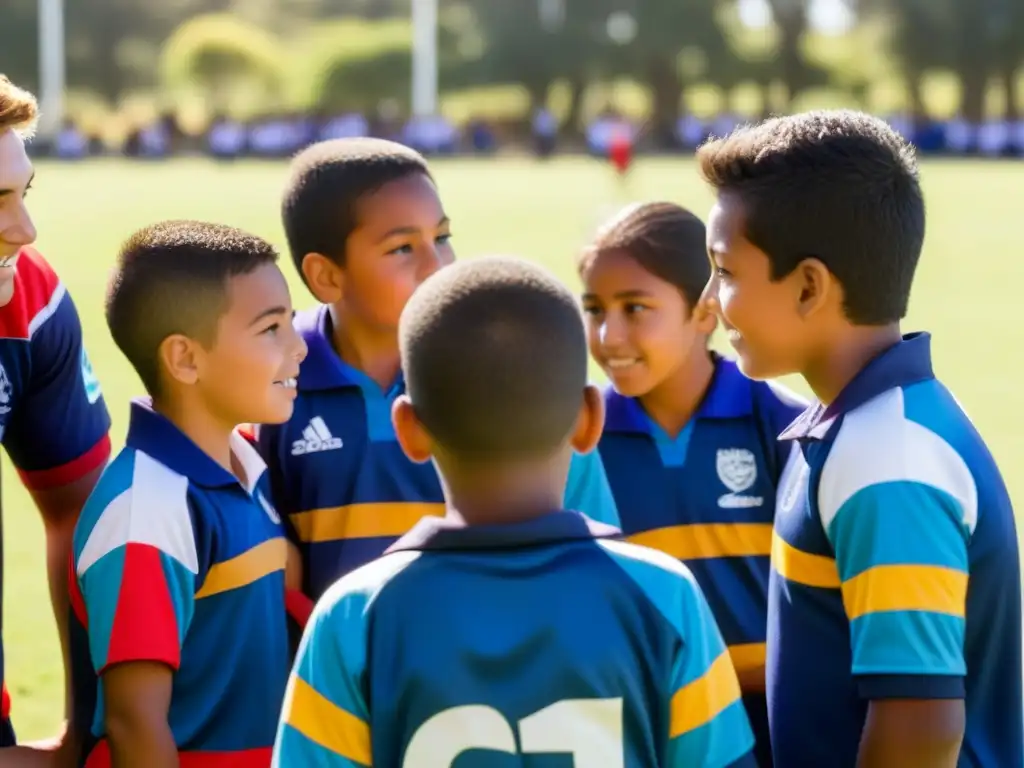 Un grupo diverso de niños escolares en Montevideo, usando camisetas de rugby, escuchan atentos a su entrenador en un campo soleado