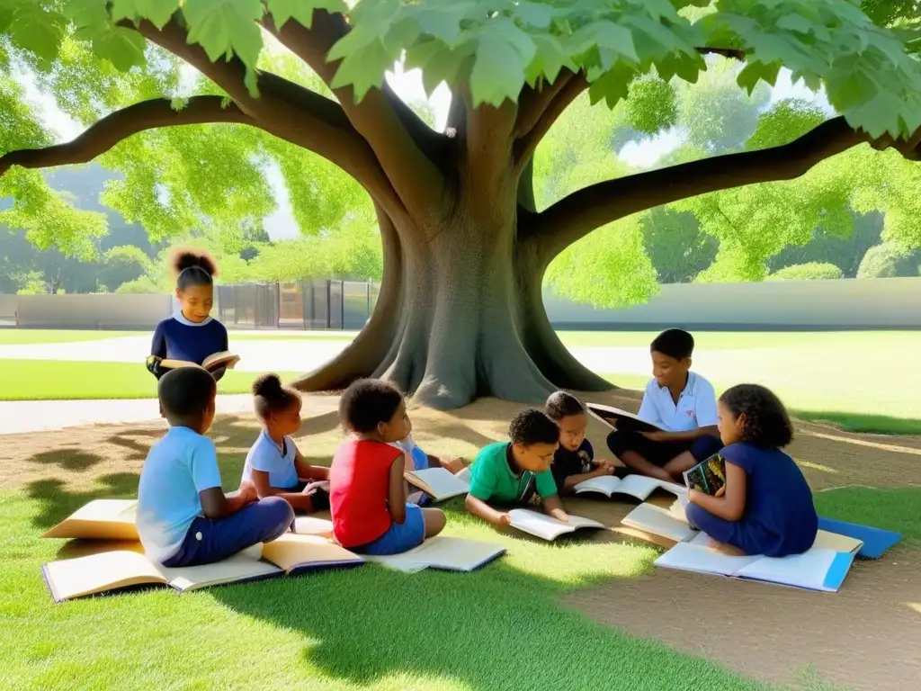 Un grupo diverso de niños felices colabora bajo un árbol en una escuela, simbolizando la unión educativa en Uruguay