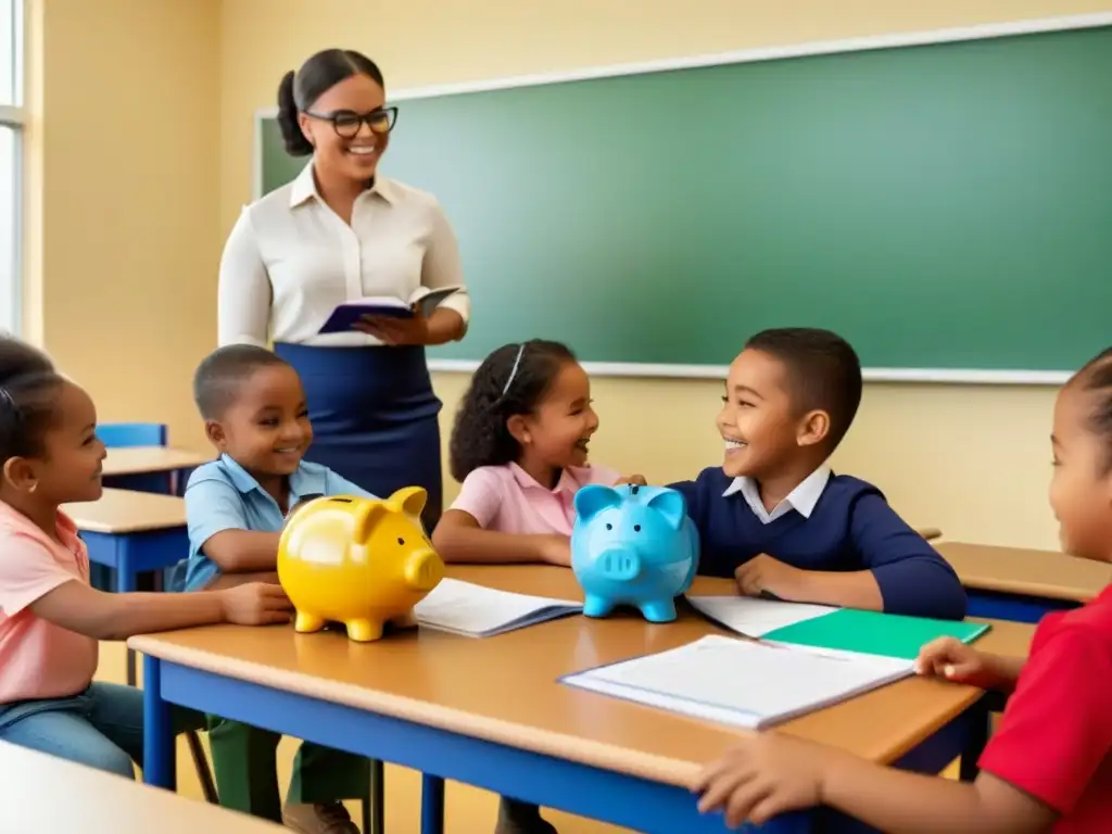 Grupo diverso de niños aprendiendo sobre finanzas en aula