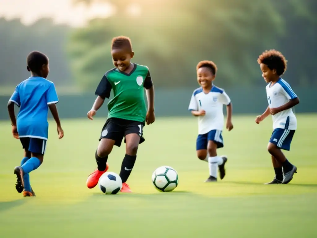 Un grupo diverso de niños juega al fútbol en un campo verde, transmitiendo alegría y unión