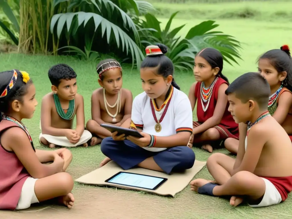 Grupo diverso de niños indígenas de Uruguay en círculo, aprendiendo al aire libre con su maestro