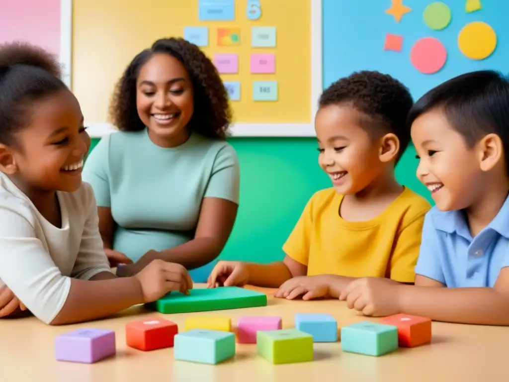 Un grupo diverso de niños disfruta de juegos educativos para niños, rodeados de material didáctico colorido