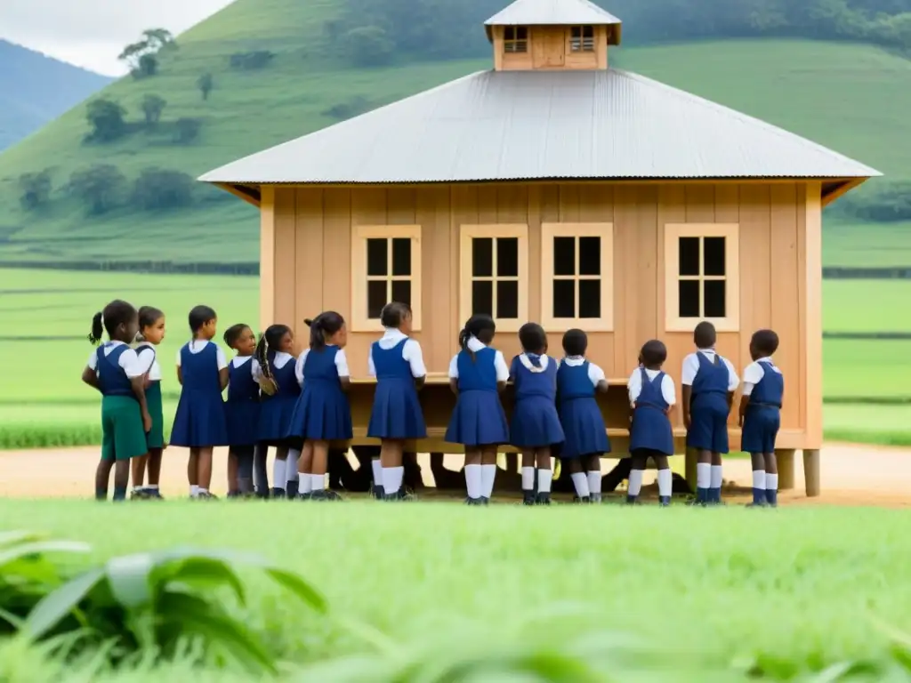 Un grupo diverso de niños aprendiendo juntos en una escuela rural de madera, destacando la brecha de género educación rural