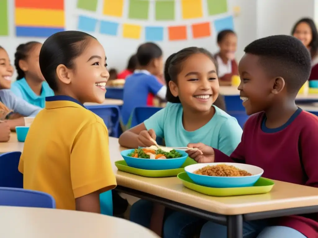 Un grupo diverso de niños disfruta juntos de una comida saludable en la cafetería escolar, transmitiendo alegría y camaradería