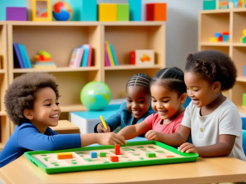 Grupo diverso de niños disfrutando juntos de juegos educativos en un aula moderna y luminosa, rodeados de juguetes y libros educativos