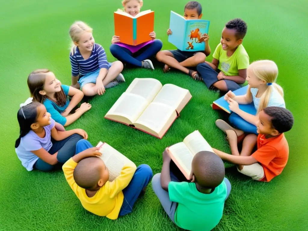 Un grupo diverso de niños disfruta de libros infantiles en un prado verde