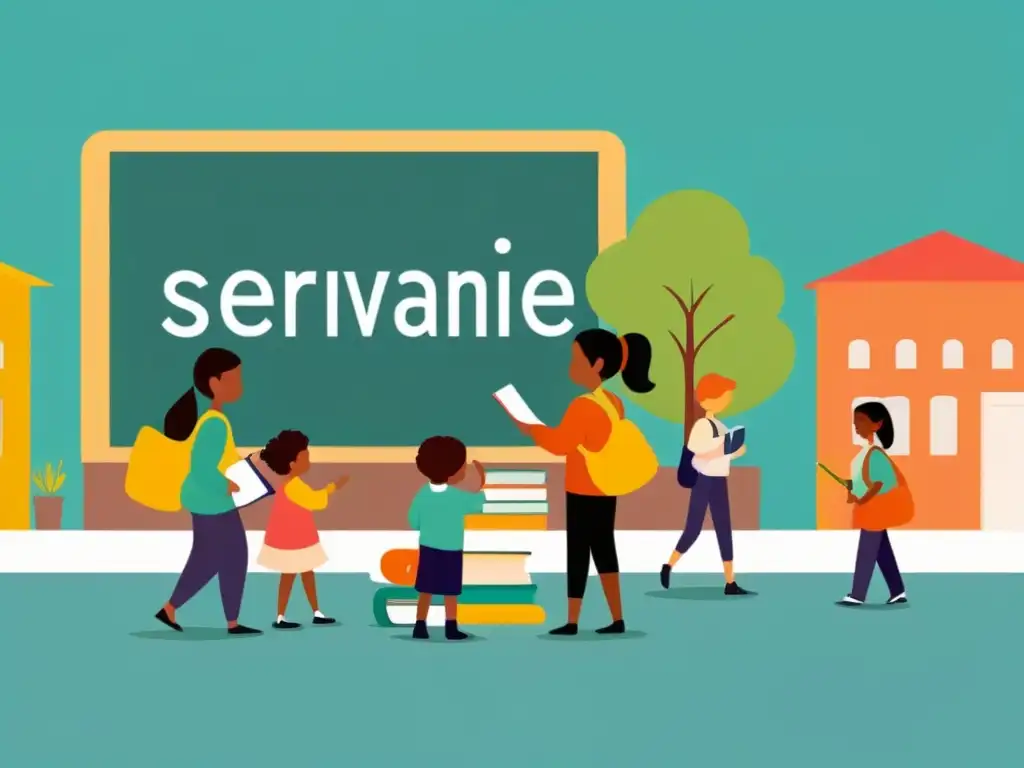 Un grupo diverso de niños y maestros realizando actividades de aprendizaje servicio en un barrio vibrante de Uruguay