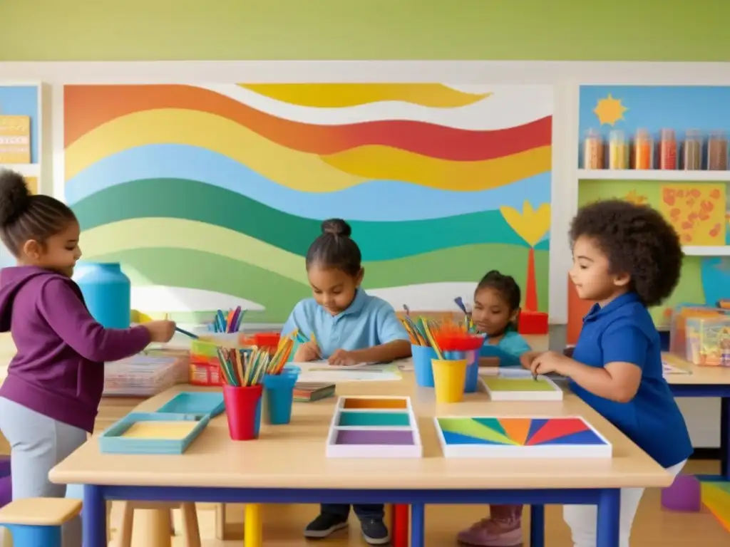 Un grupo diverso de niños pinta un mural colorido juntos en un aula brillante, fomentando la prevención del bullying con arte y creatividad