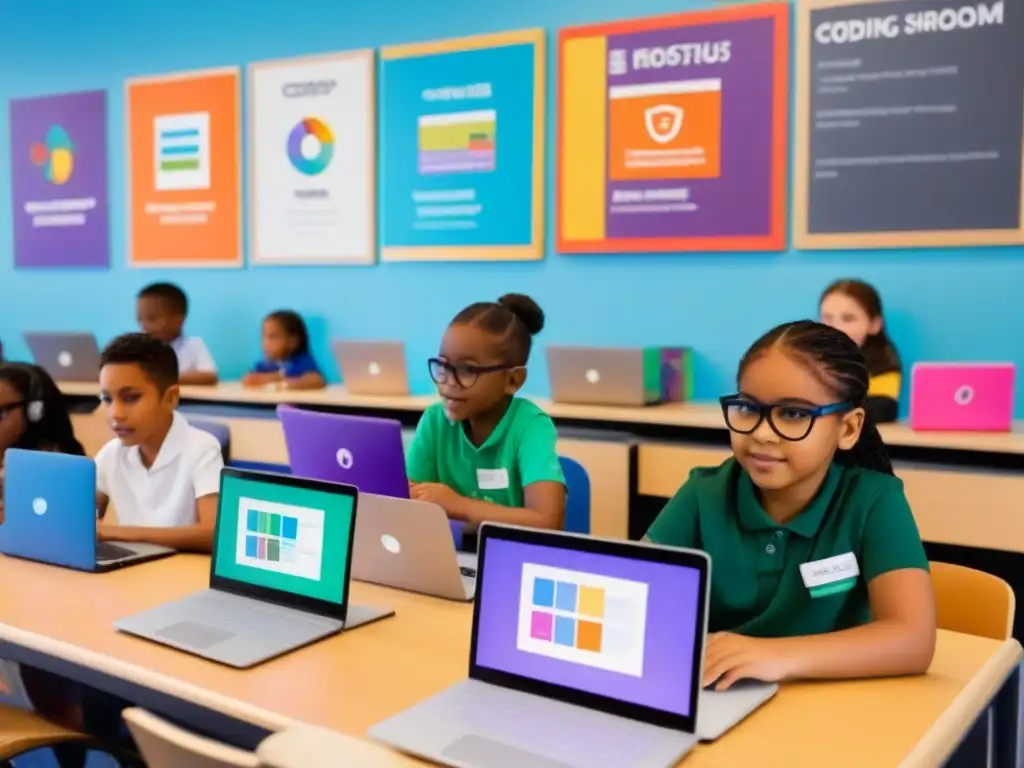 Niños diversos codificando juntos en aula moderna Grupo diverso de niños programando en plataformas educativas en aula moderna y colorida en Uruguay