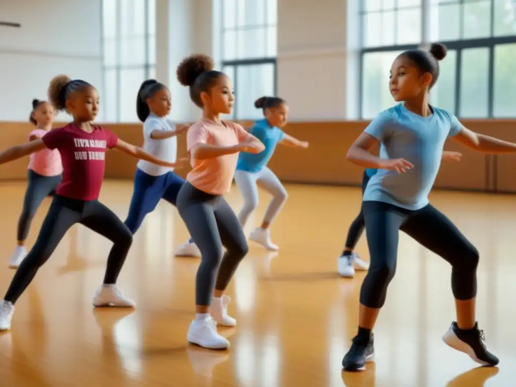 Grupo diverso de niños de primaria en dinámicas poses de baile, demostrando coordinación y equilibrio en un espacioso gimnasio escolar con luz natural