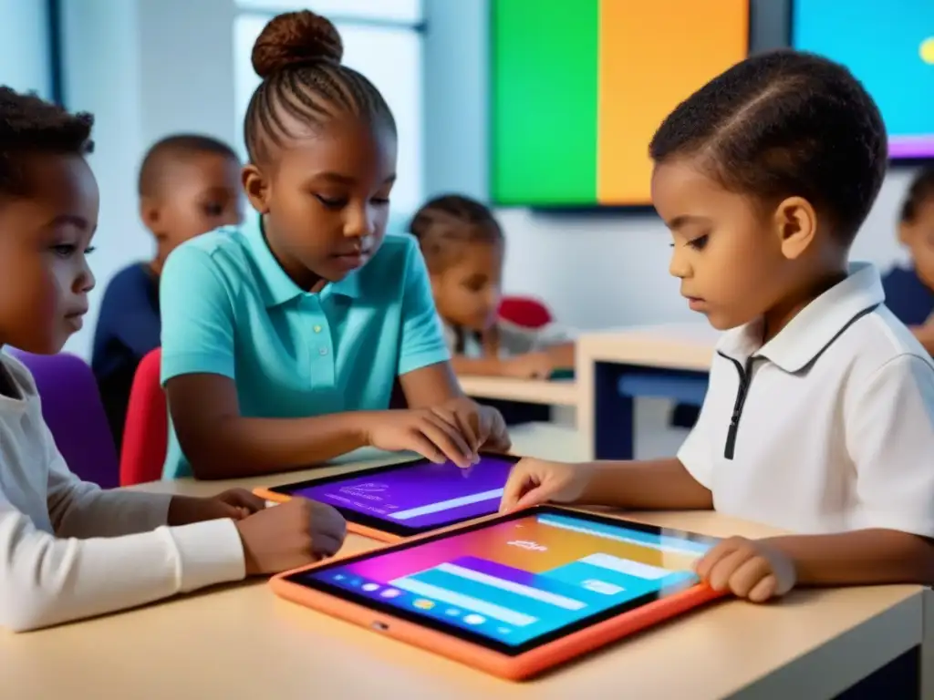 Grupo diverso de niños colaborando en programación con bloques y tablets en aula moderna y brillante