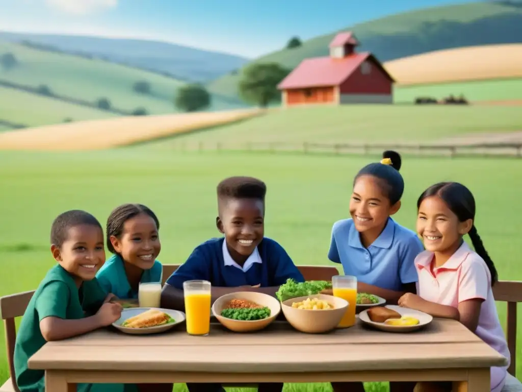 Un grupo diverso de niños sonrientes disfrutan de una comida balanceada en el campo