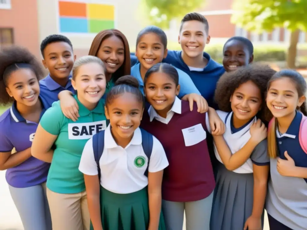 Un grupo diverso de niños sonrientes abrazados en un patio escolar, con carteles antibullying, transmitiendo unidad y seguridad