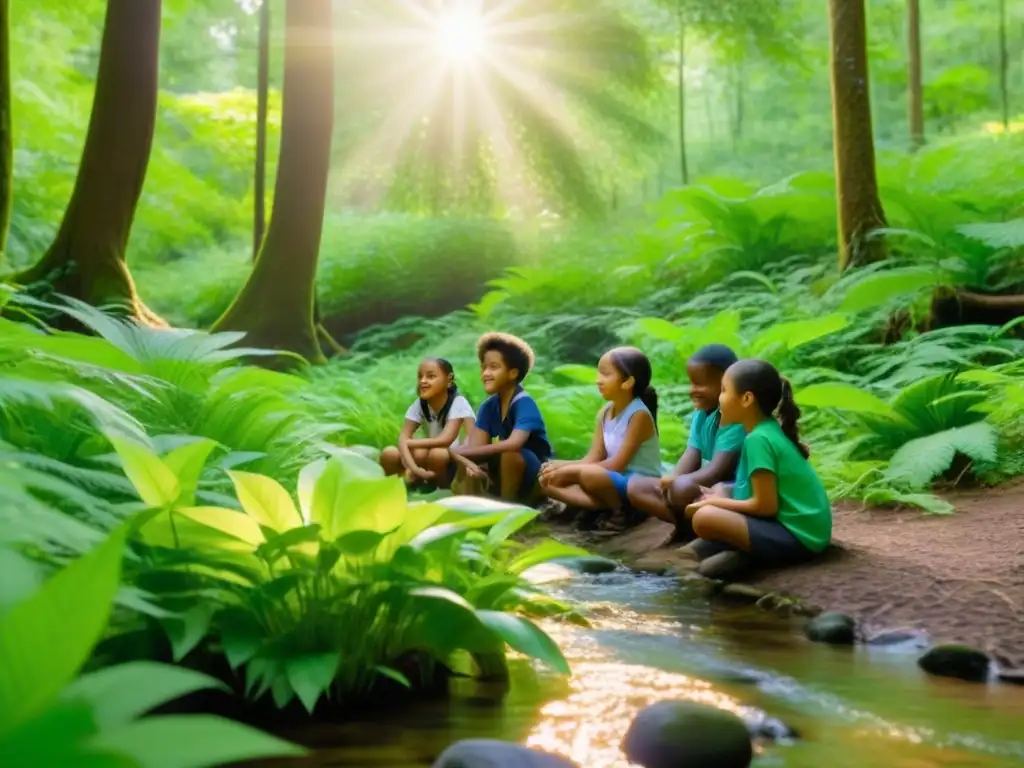 Grupo diverso de niños aprendiendo sobre educación sostenible en Uruguay, rodeados de naturaleza vibrante y serena