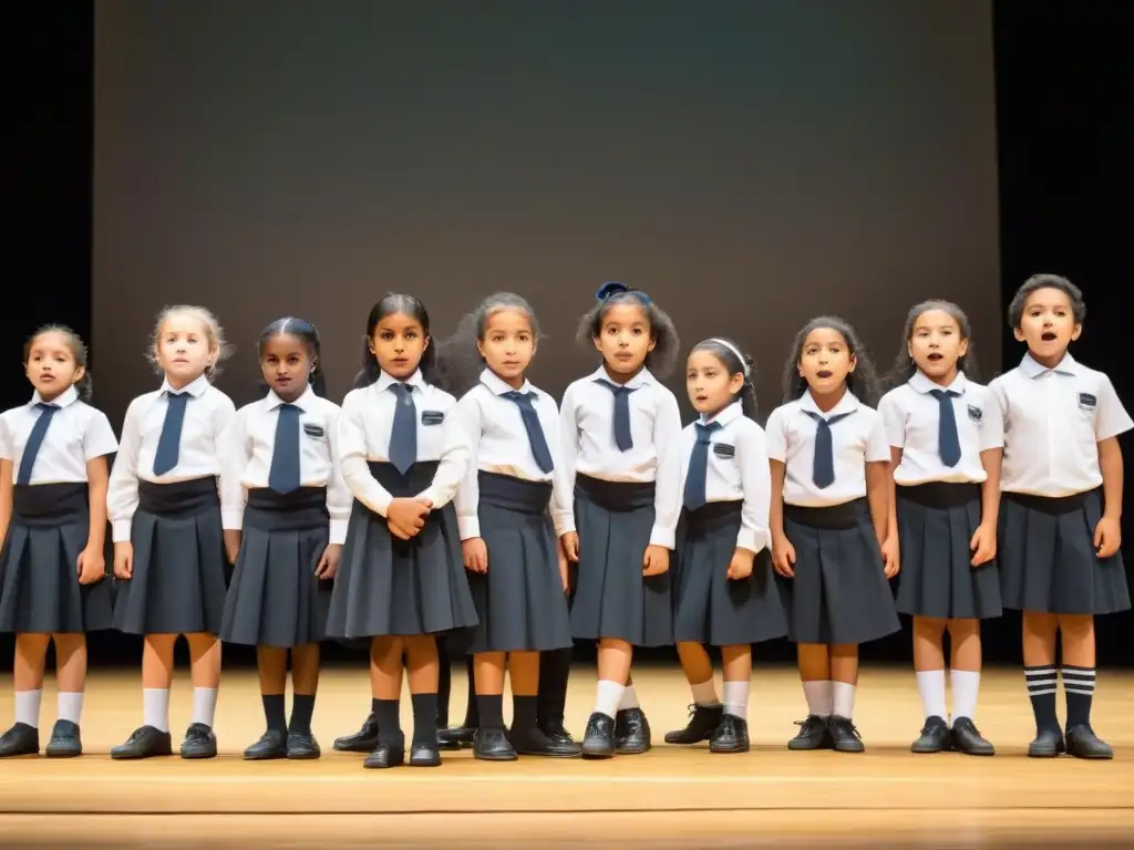 Grupo diverso de niños uruguayos en emotiva actuación teatral, destacando el teatro en educación emocional en Uruguay