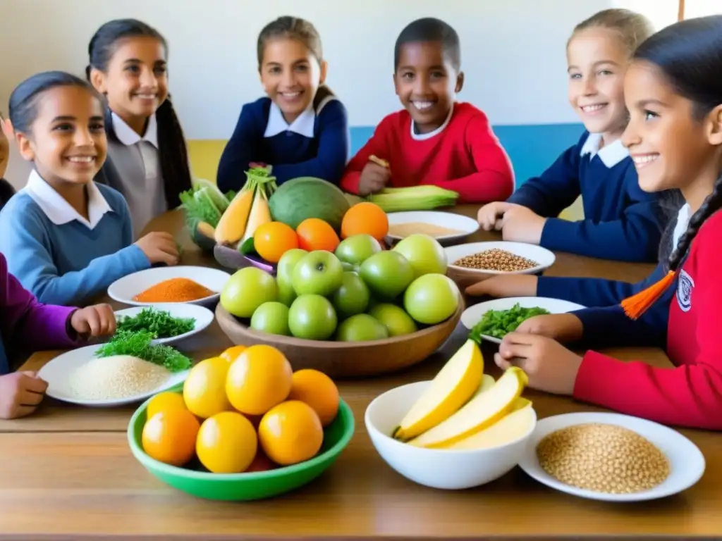 Grupo diverso de niños uruguayos en almuerzo escolar con nutrición sostenible