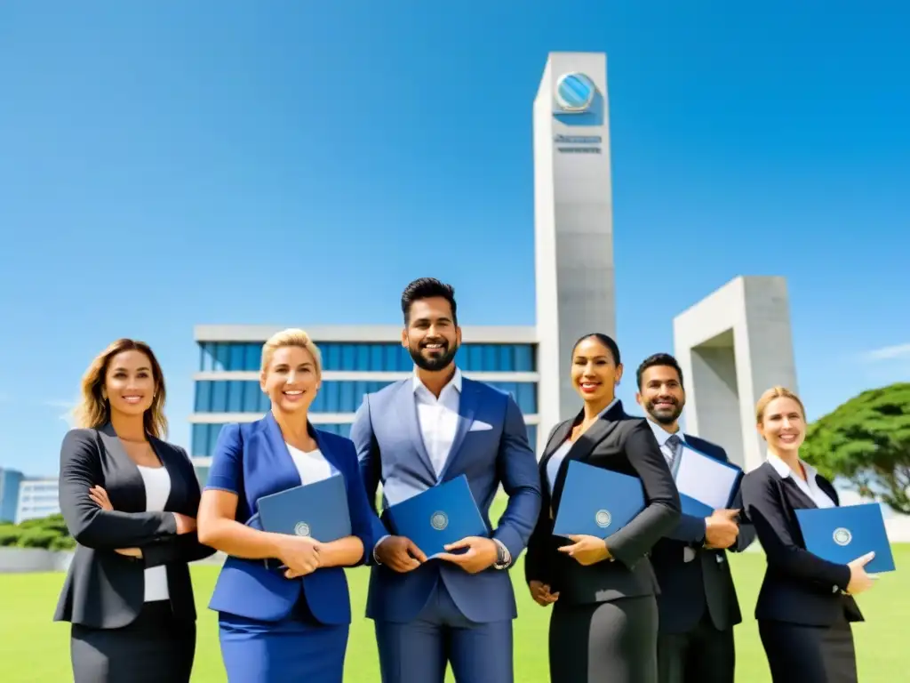 Un grupo diverso de profesionales con certificaciones profesionales en el sector público de Uruguay, frente a un edificio gubernamental moderno