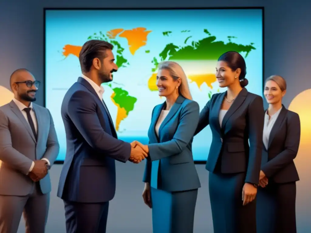Profesionales del comercio internacional en Uruguay Un grupo diverso de profesionales intercambia certificados y apretones de manos, bajo un foco de logro y conexión global