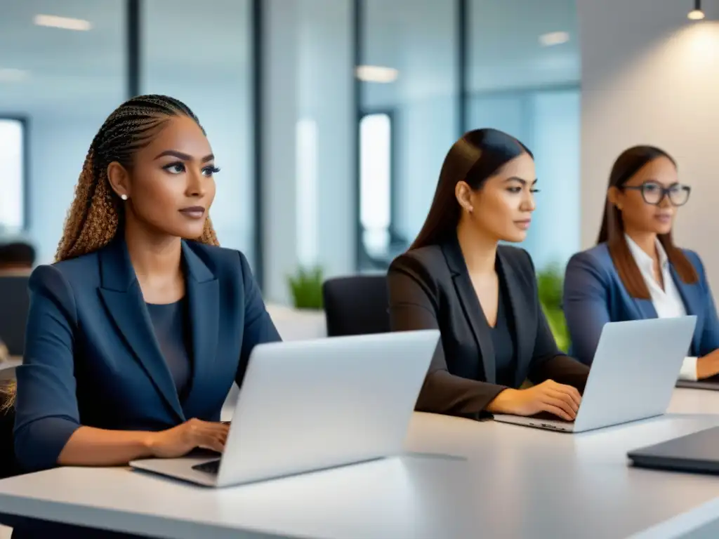 Grupo diverso de profesionales concentrados en curso eLearning en oficina moderna