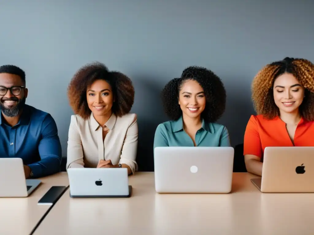 Un grupo diverso de profesionales concentrados en un curso online, representando la inclusividad