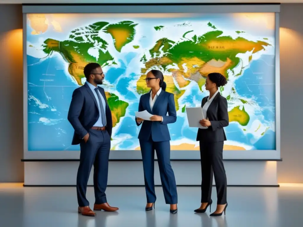 Profesionales estudiando juntos: comercio internacional Un grupo diverso de profesionales estudia juntos frente a un mapa mundial, simbolizando la cooperación en certificaciones comercio exterior Uruguay
