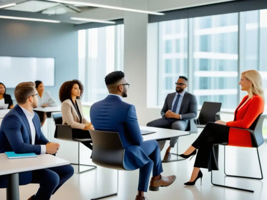 Un grupo diverso de profesionales de negocios en aula moderna, reflejando colaboración e innovación