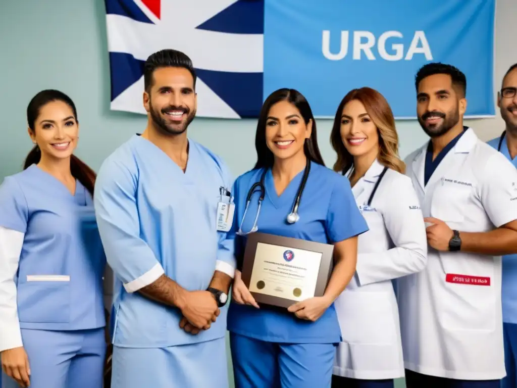 Un grupo diverso de profesionales de la salud en Uruguay, con uniformes y certificaciones, en un hospital moderno